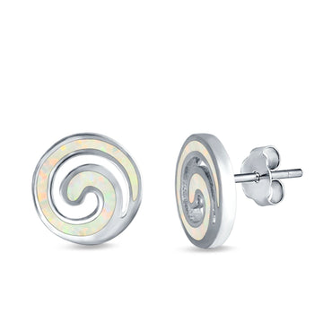 Spiral Stud Earrings Lab Created White Opal 925 Sterling Silver (13mm)